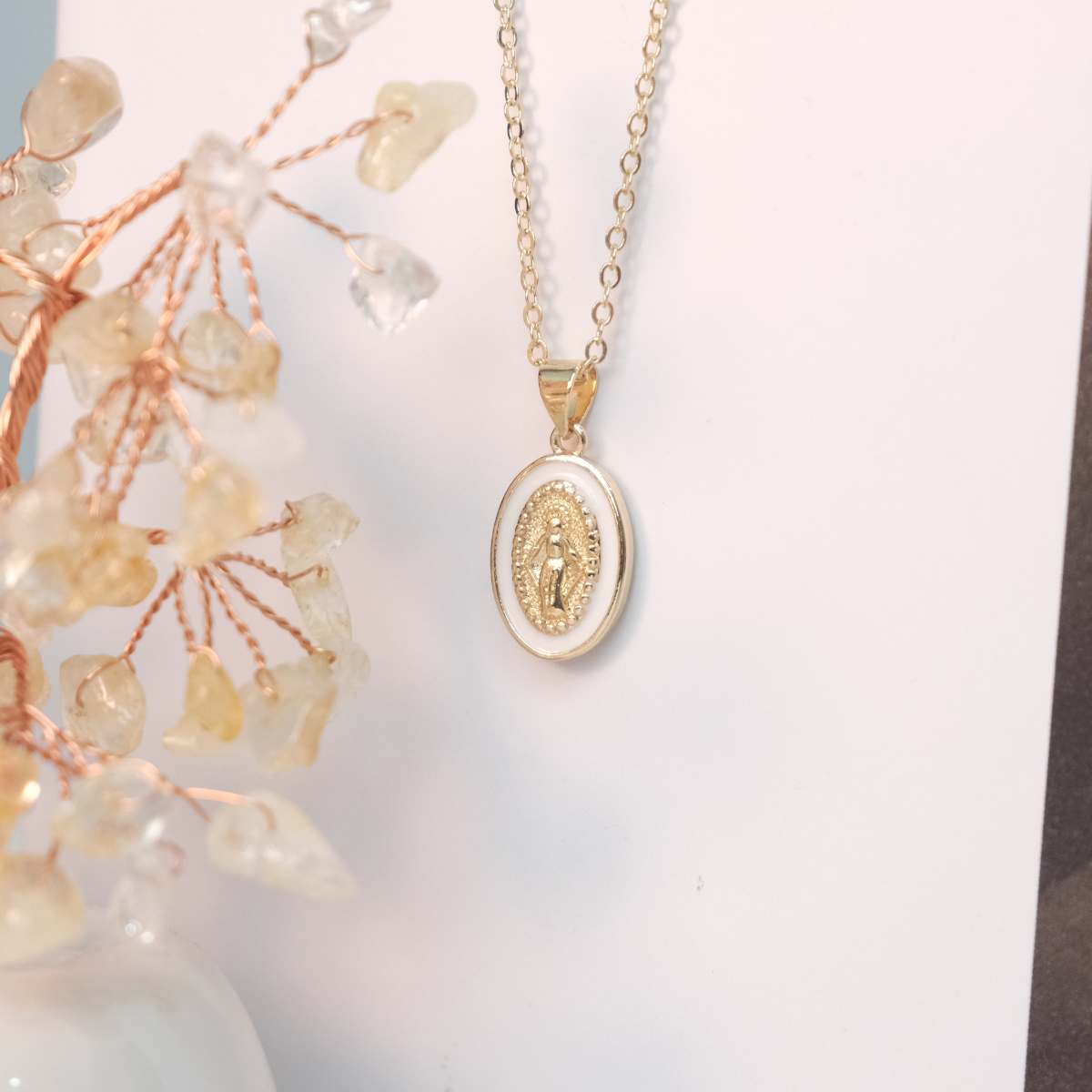 Necklace for Women Men, Virgin Mary Catholic Pendant, Our Lady of Guadalupe Faith Pendant, Religious Birthday Gift Amulet Jewelry, Dainty Oval Brass Oil Drop Choker