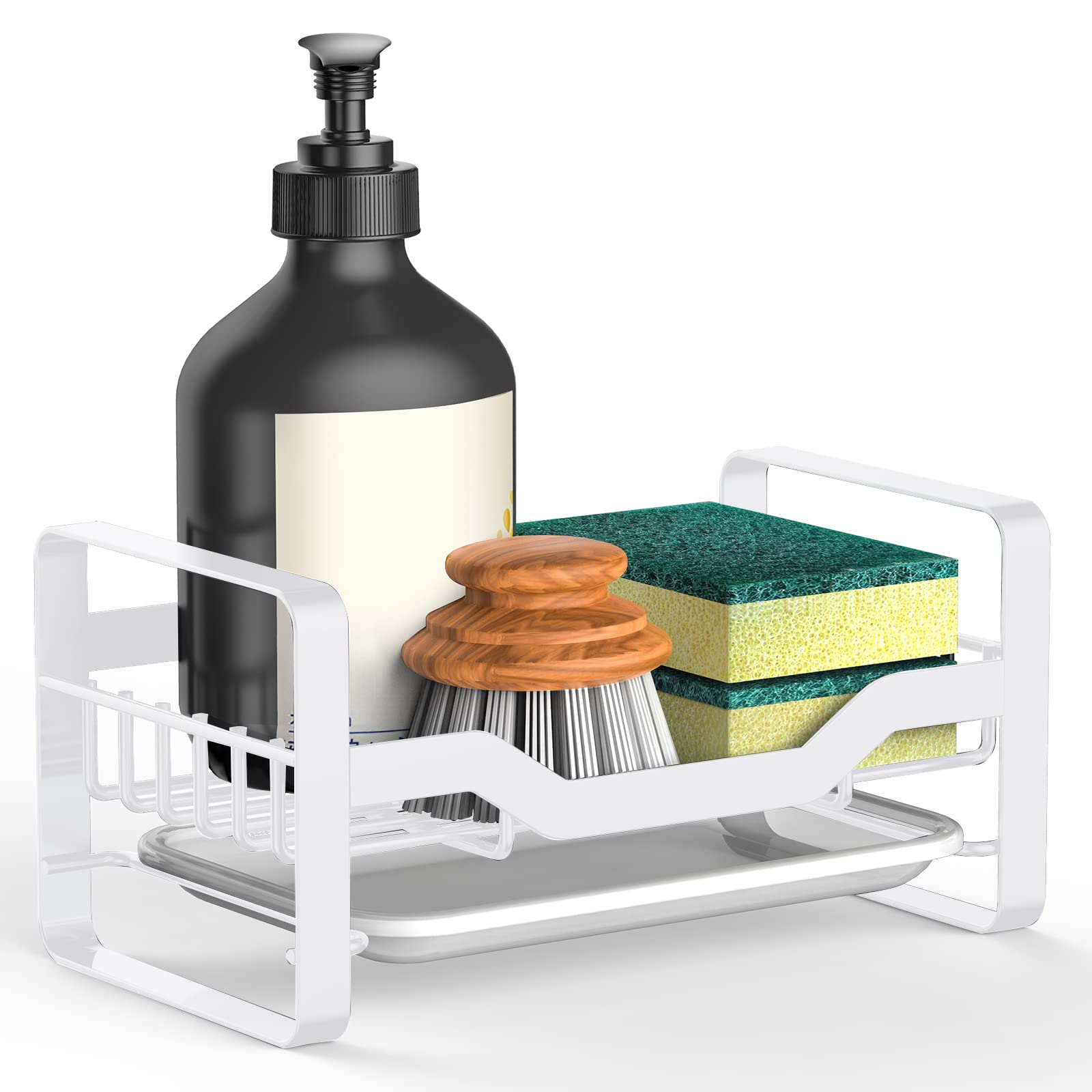 Kitchen Sink Caddy Sponge Holder,Organizer for Soap Brush Dispenser,Countertop Sink Caddy Organizer with Removable Drain Tray